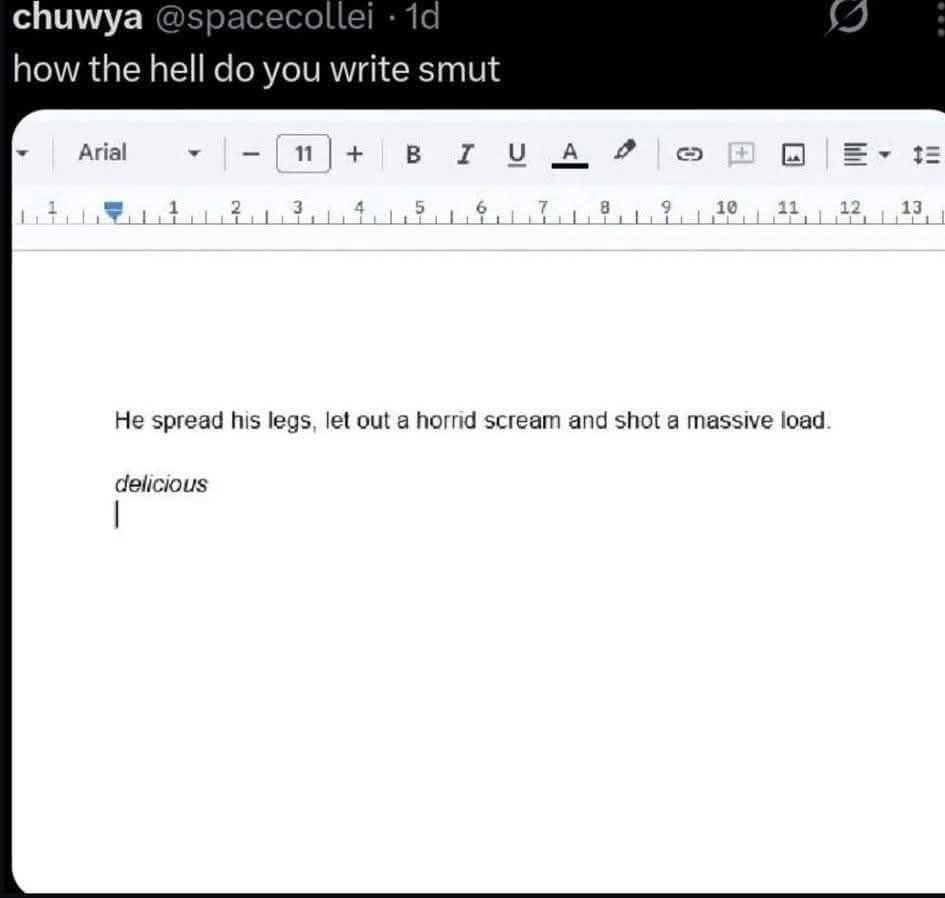A funny meme of a tweet showing an absolutely terrible and hilarious attempt at writing a smutty scene.