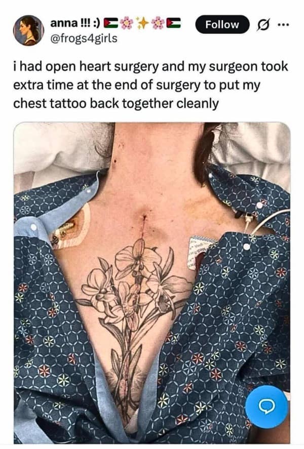 A wholesome meme showing a surgeon who carefully stitched a chest tattoo back together.