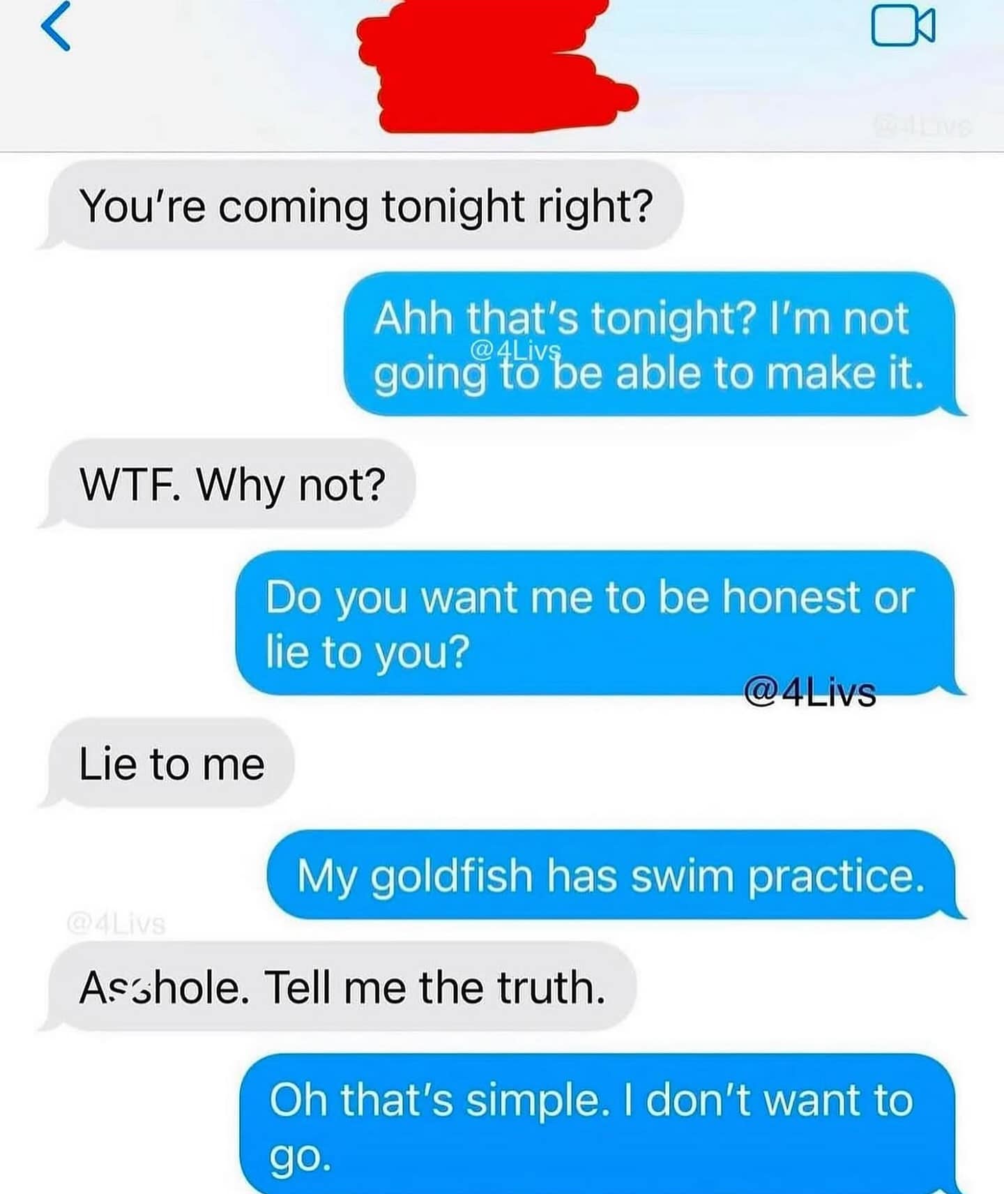 A funny meme of a text exchange where someone uses a goldfish's swim practice as an excuse.