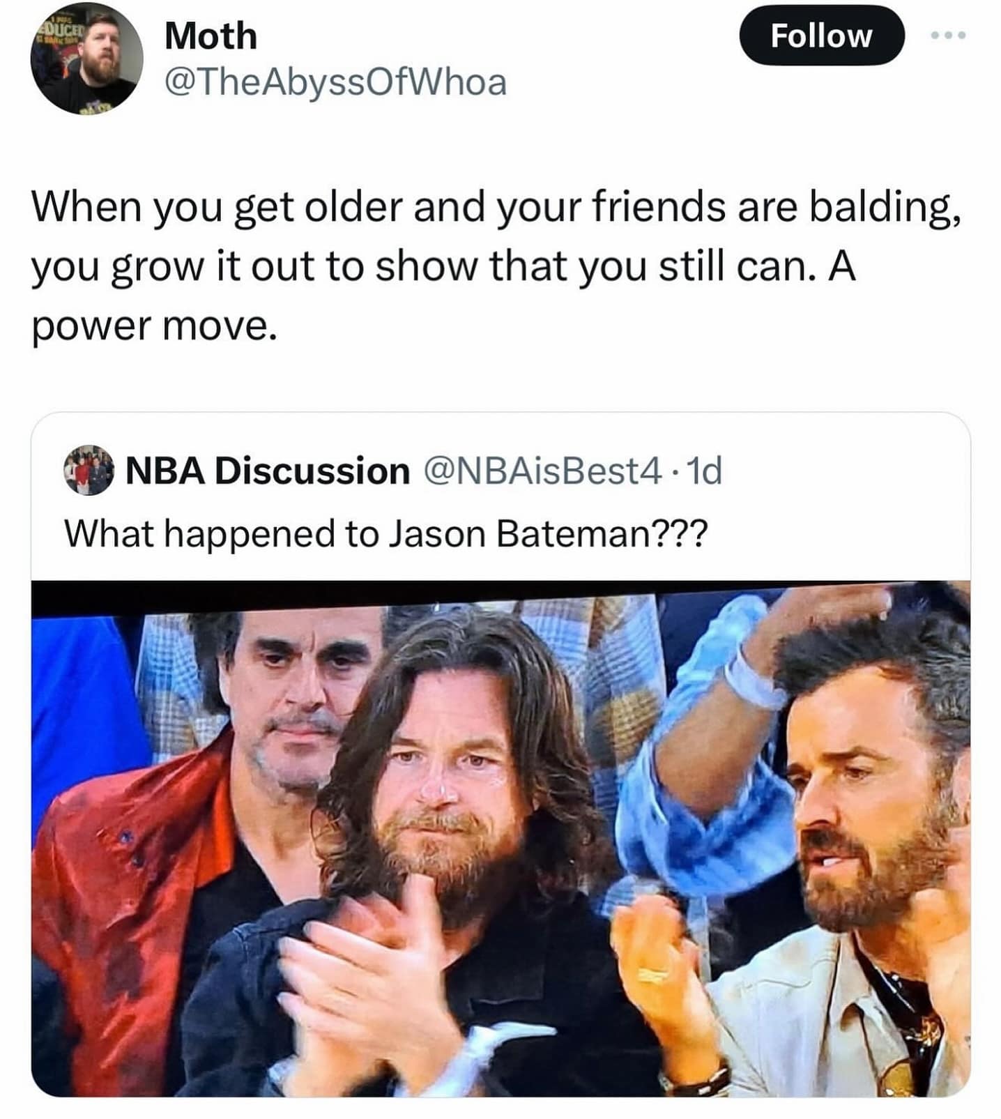 A funny meme joking that Jason Bateman grew out his long hair as a "power move" on his balding friends.