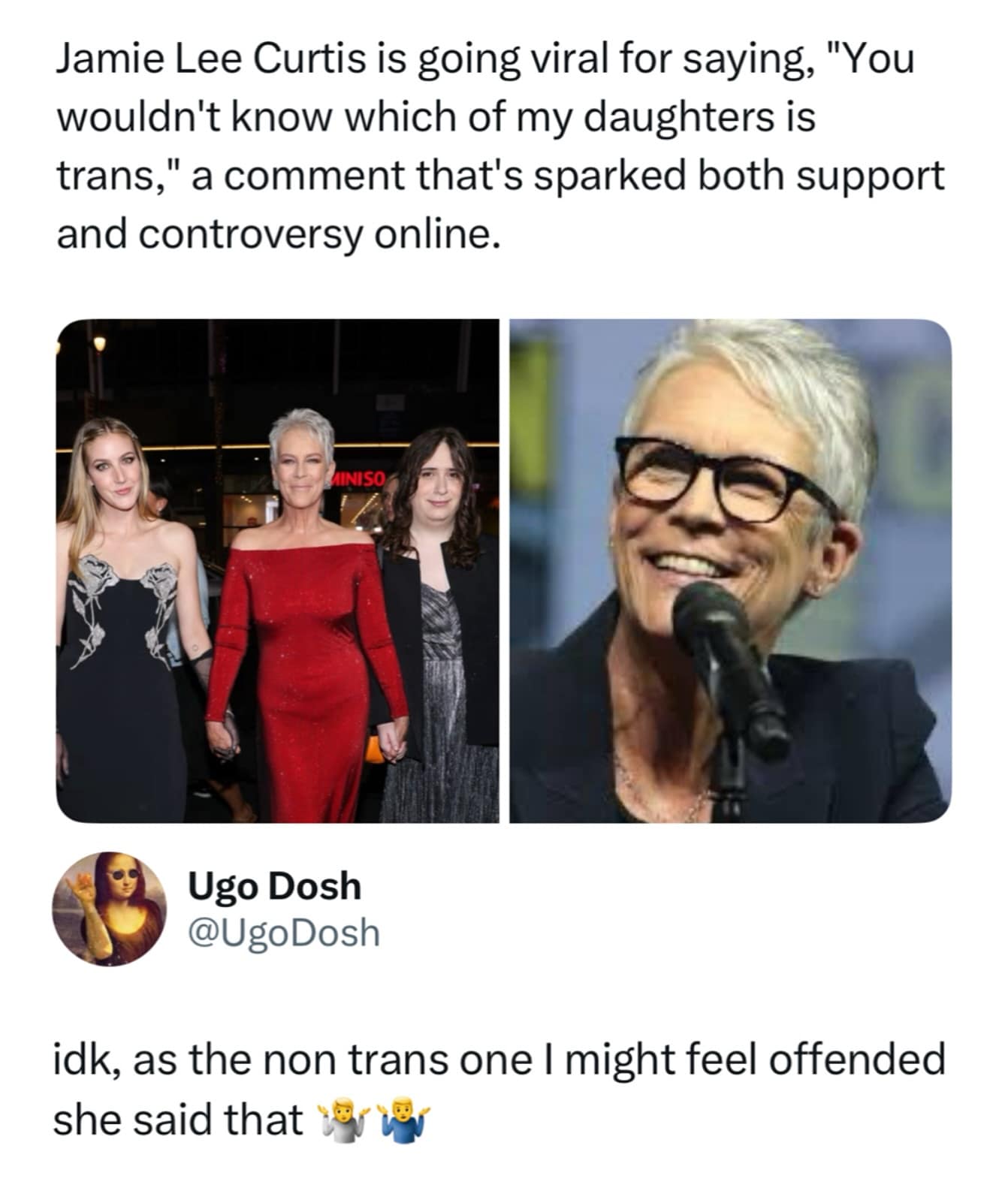 A funny tweet reacting to a Jamie Lee Curtis quote about her daughters with a punchline.