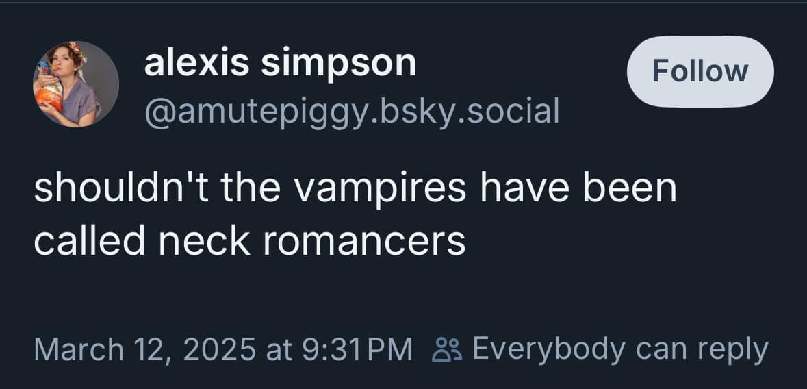 A funny meme suggesting vampires should have been called "neck romancers" instead.