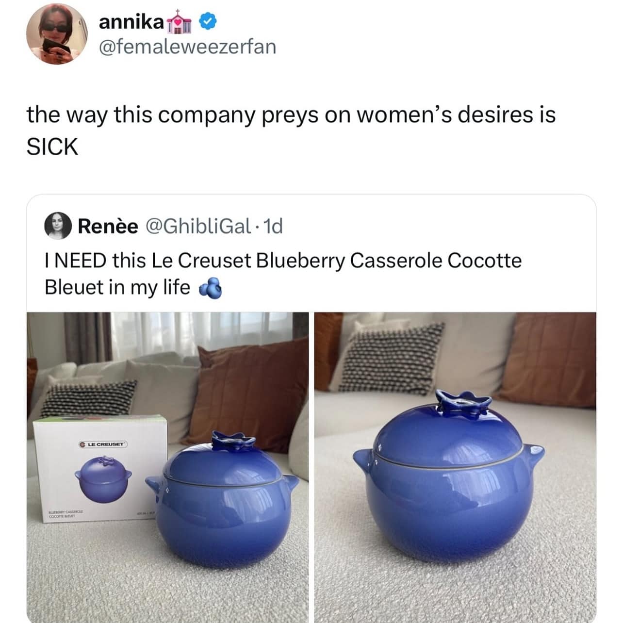 A funny meme about a Le Creuset pot that is so desirable, it's a form of corporate predation.