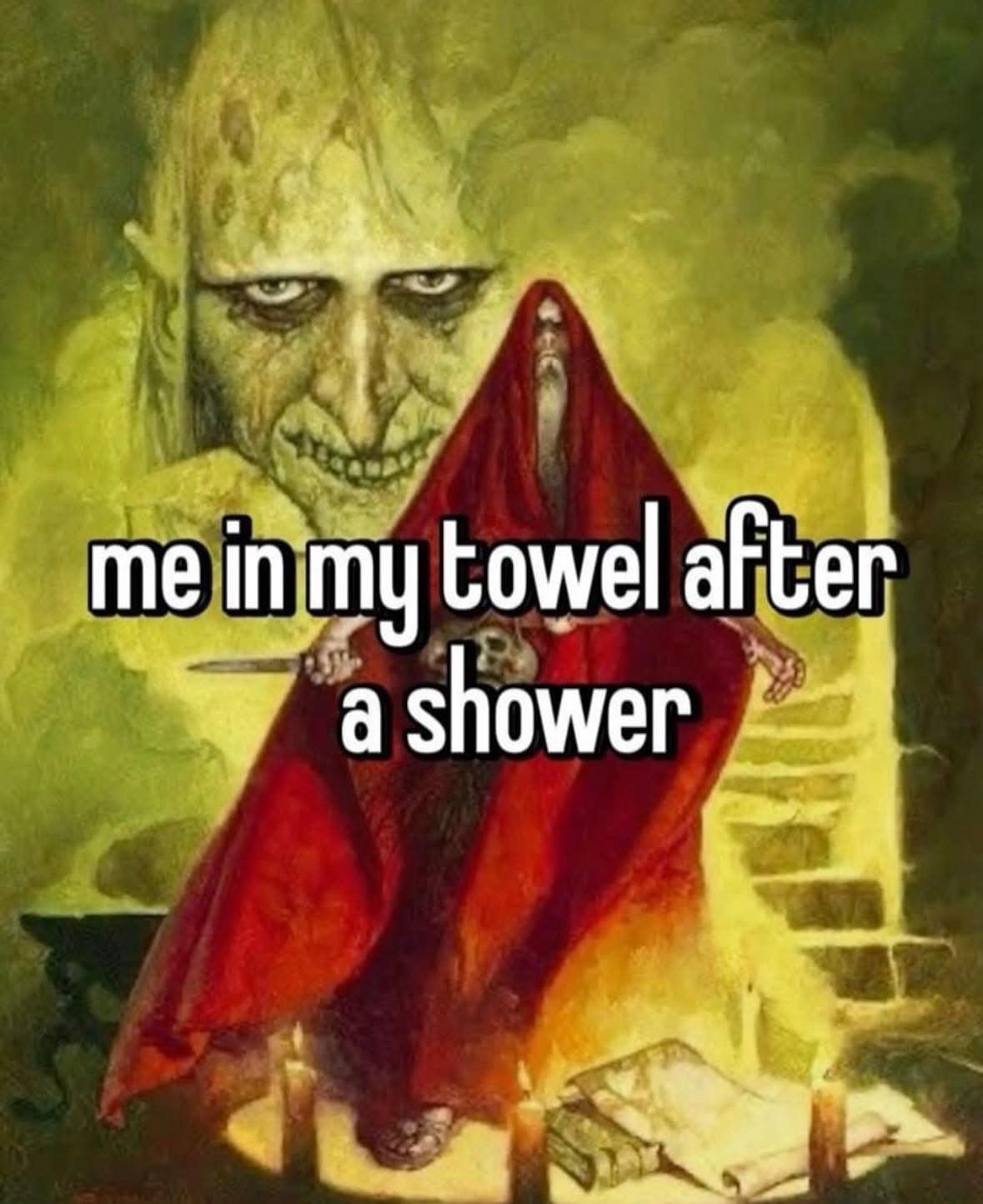 Dramatic post-shower towel meme