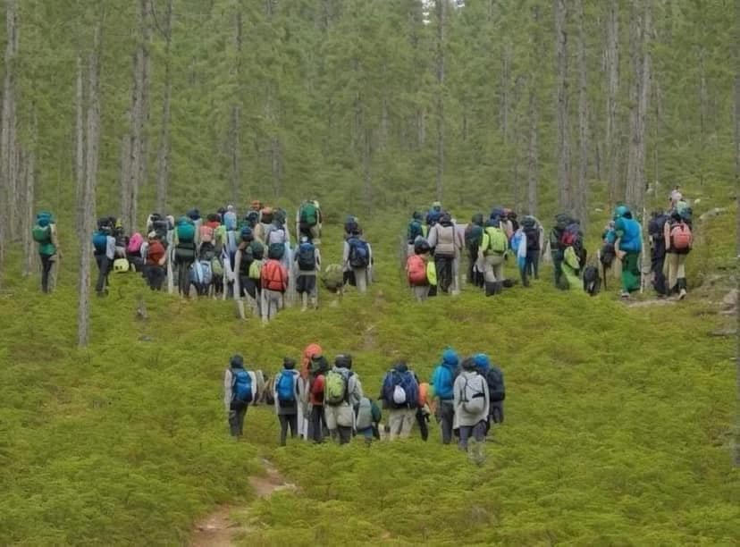 A funny meme of a weird AI-generated image showing a large group of hikers in a forest