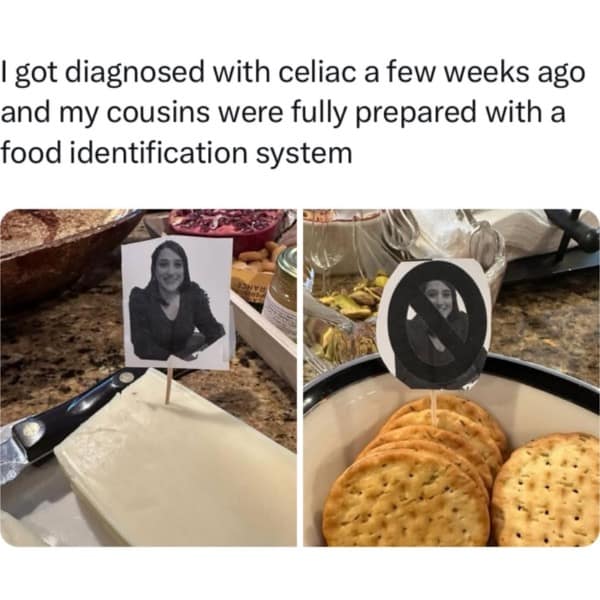 A funny meme of a supportive family's food identification system for a cousin with celiac disease.