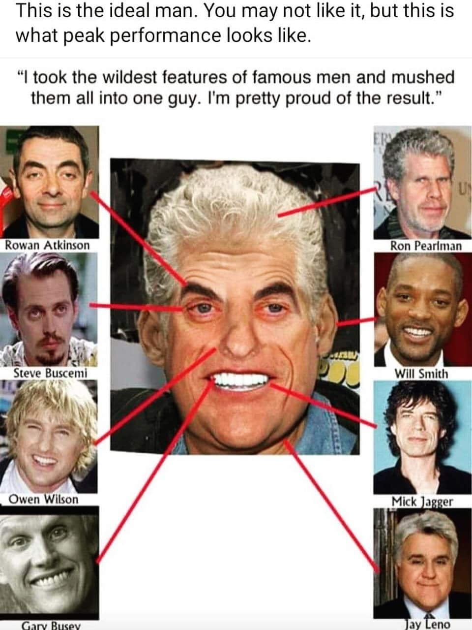 A cursed meme showing a composite face made from the features of eight famous men.
