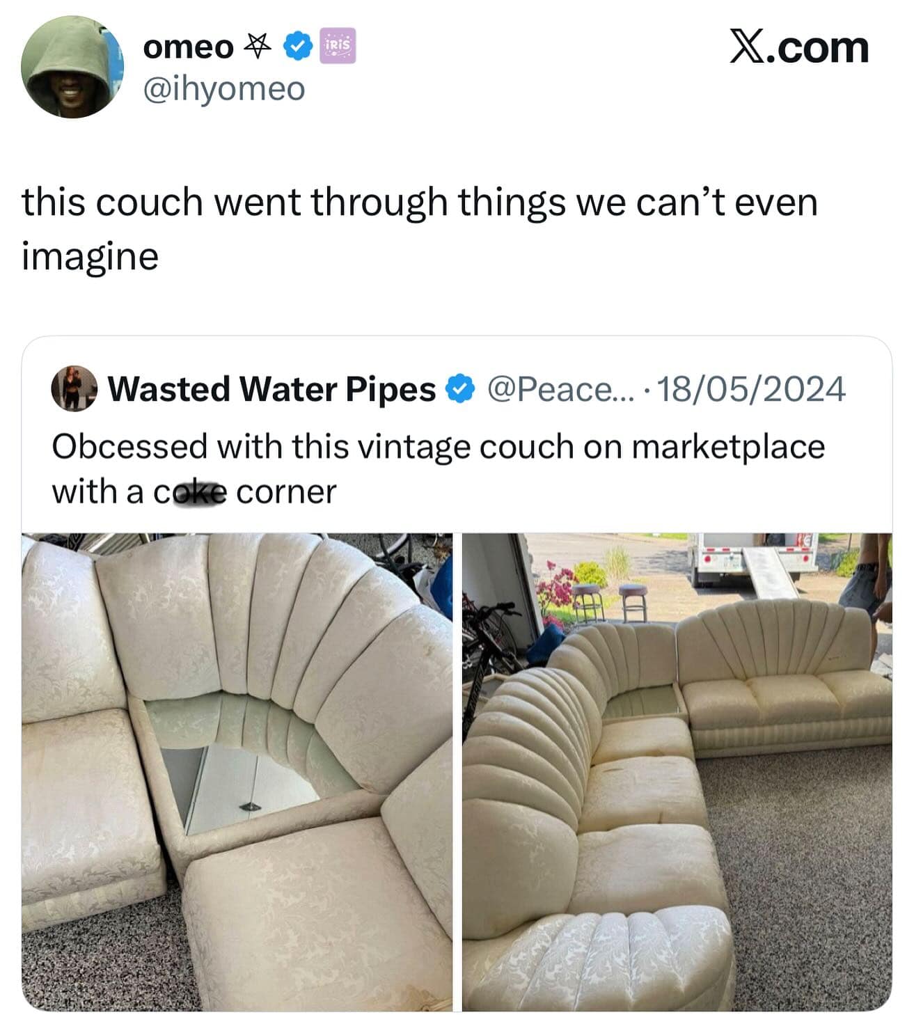 A funny meme about a vintage couch with a mirrored "coke corner" from the 70s or 80s.