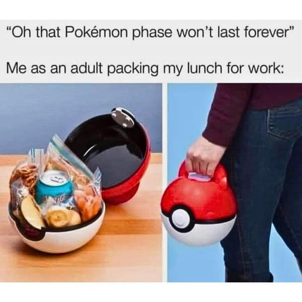 A funny meme showing an adult packing their work lunch in a large, functional Poké Ball container.