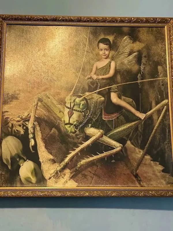 A funny meme showcasing a bizarre and surreal painting of a boy riding a giant grasshopper.