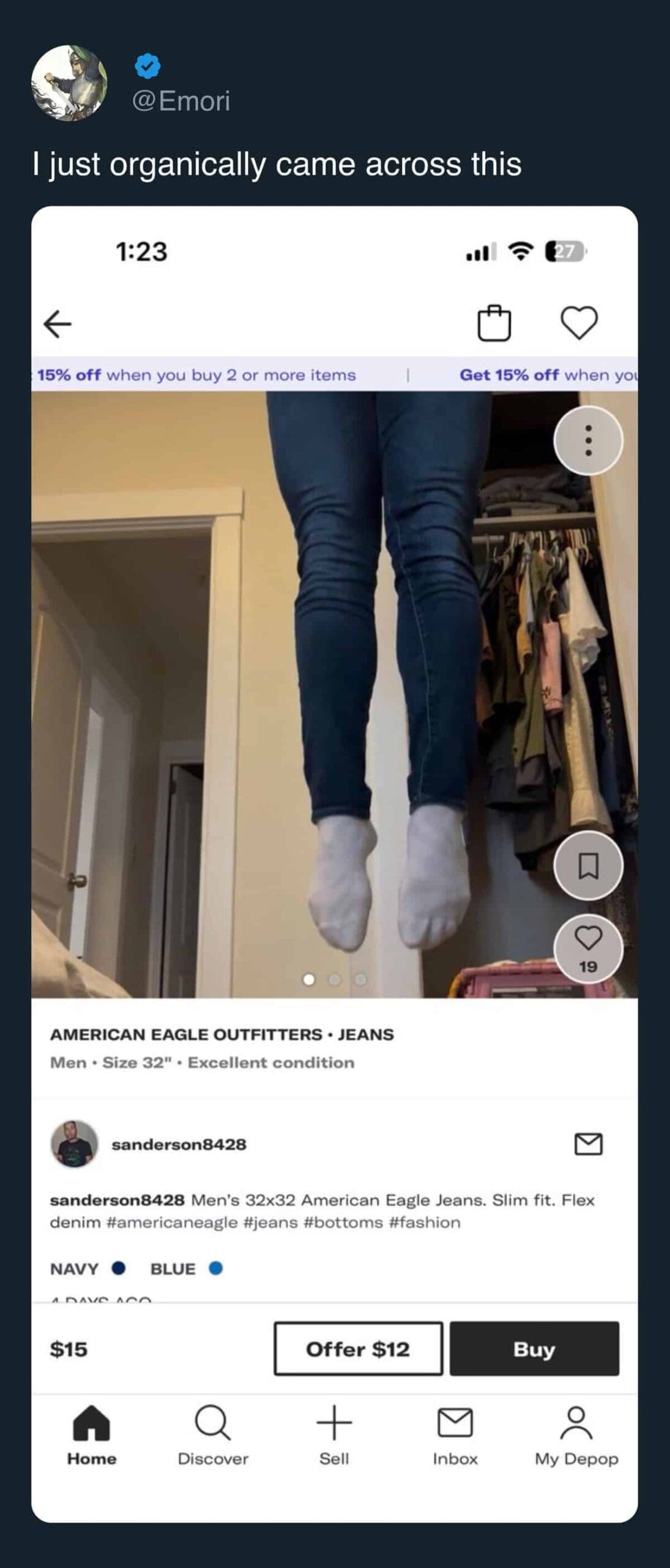 A funny meme of a weird Depop listing where the seller is levitating.