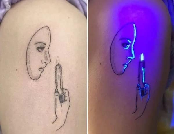 A funny meme showing off a cool tattoo that reveals glowing details under a blacklight.