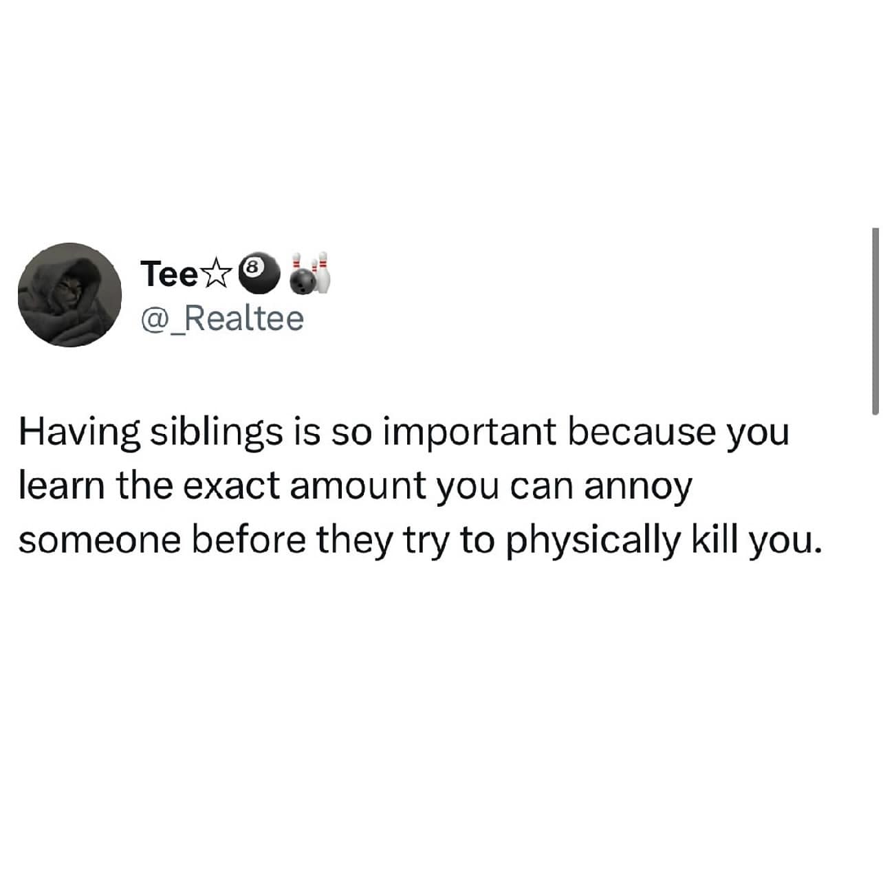 A funny meme and tweet about how siblings teach you how far you can annoy someone.