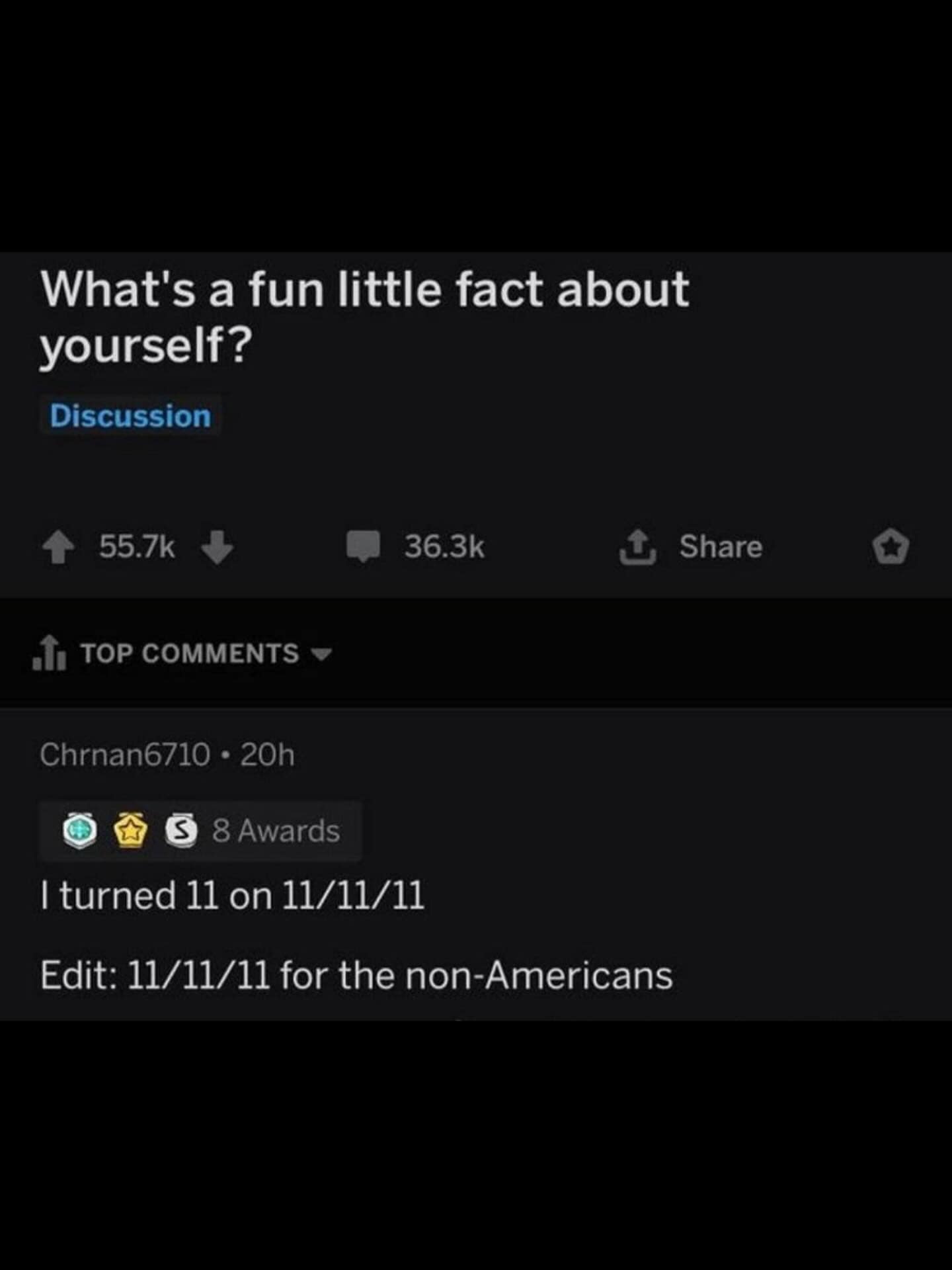 A Reddit comment fun fact where a user shares that they turned 11 on the date 11/11/11.