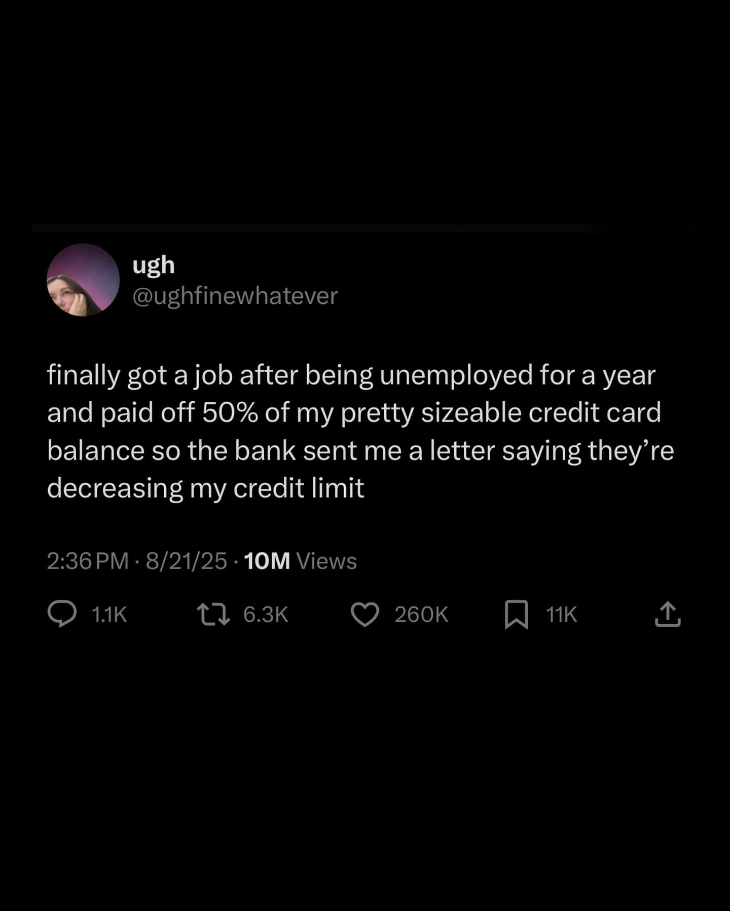 A viral tweet complaining about a bank lowering their credit limit after they paid off debt.