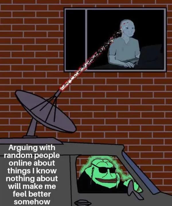 Meme of Pepe the Frog in a car beaming brainwaves into a windowed figure with caption about arguing online.