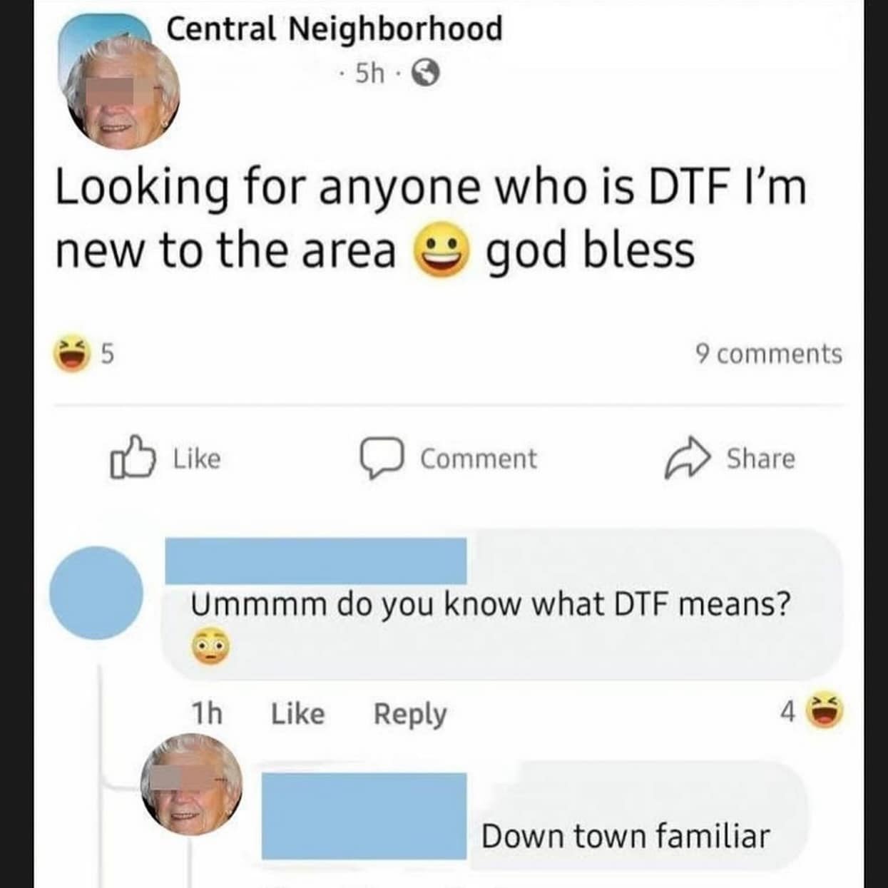 Funny Facebook post misunderstanding the meaning of DTF