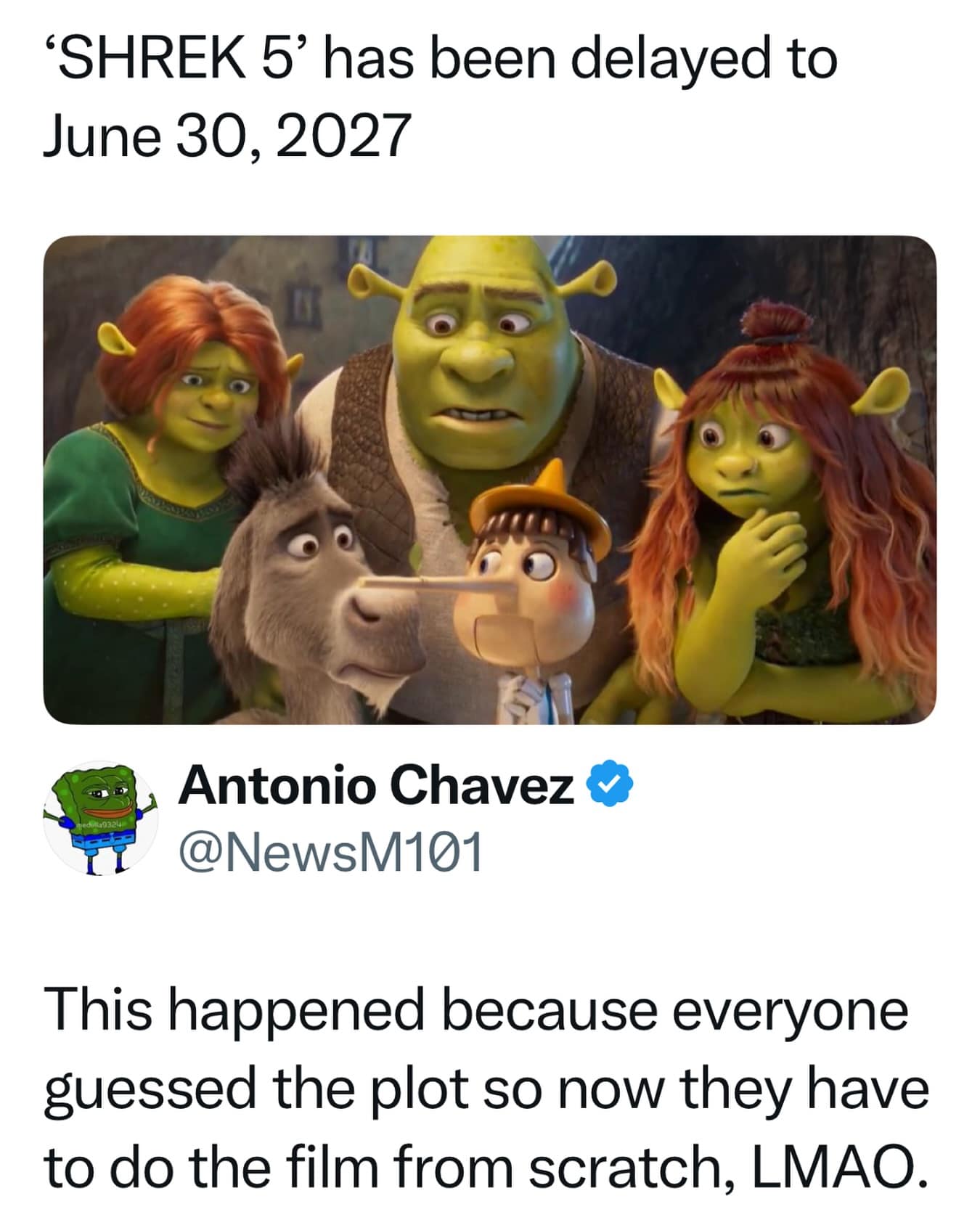 A fake news meme claiming "Shrek 5" was delayed because everyone guessed the plot.
