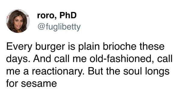 Tweet about brioche buns and missing sesame