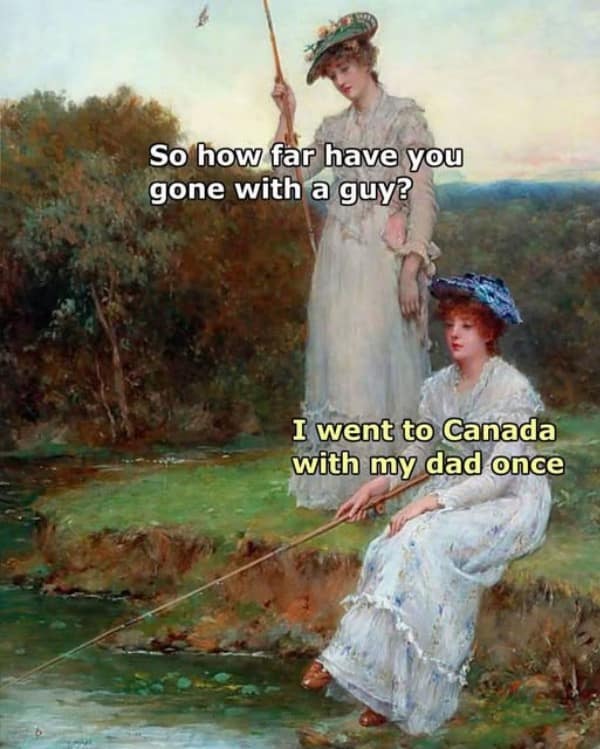A funny meme using a classical art painting to make a joke about dating innocence.