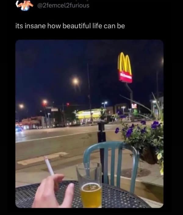 A funny meme about the simple, profound beauty of a beer, a cigarette, and a McDonald's sign.