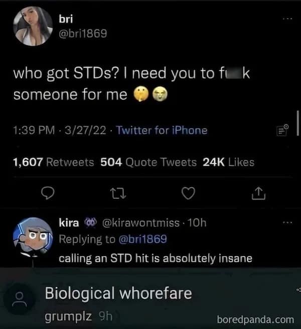A funny meme of a wild tweet asking to hire someone for an "STD hit," with the reply "biological whorefare."