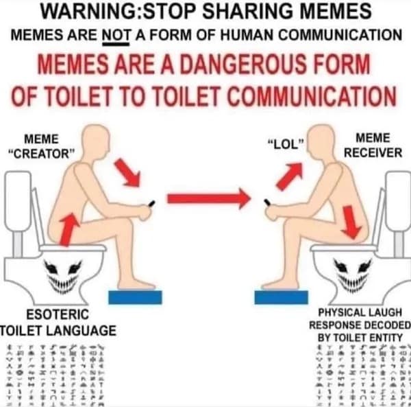 A funny meme and surreal diagram explaining that memes are "toilet to toilet communication".
