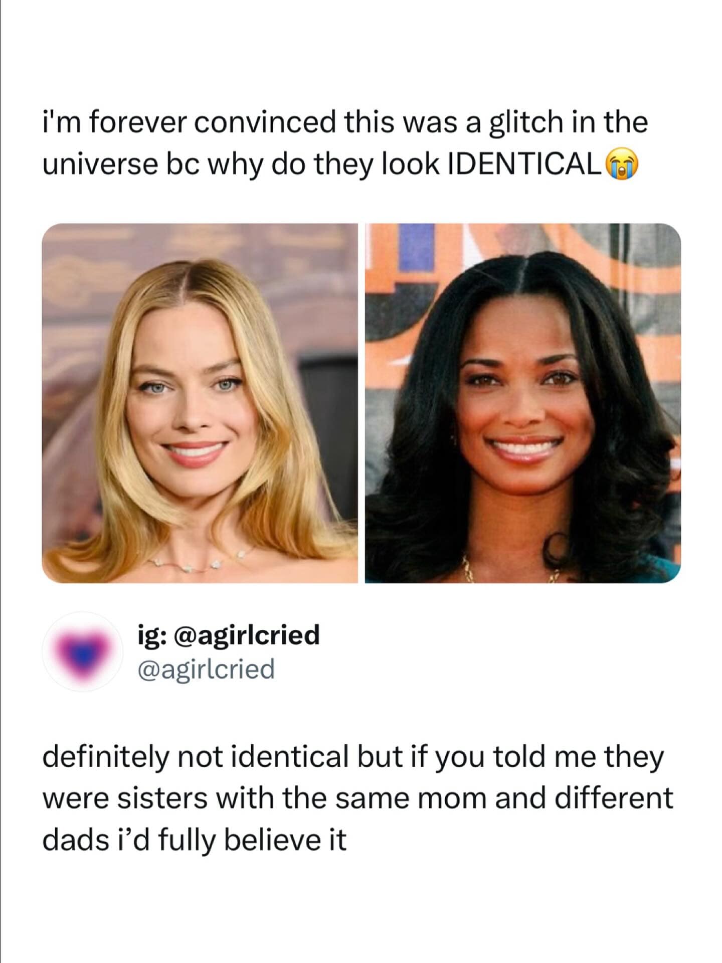 A funny meme pointing out the incredible and surprising resemblance between Margot Robbie and Sharon Leal.
