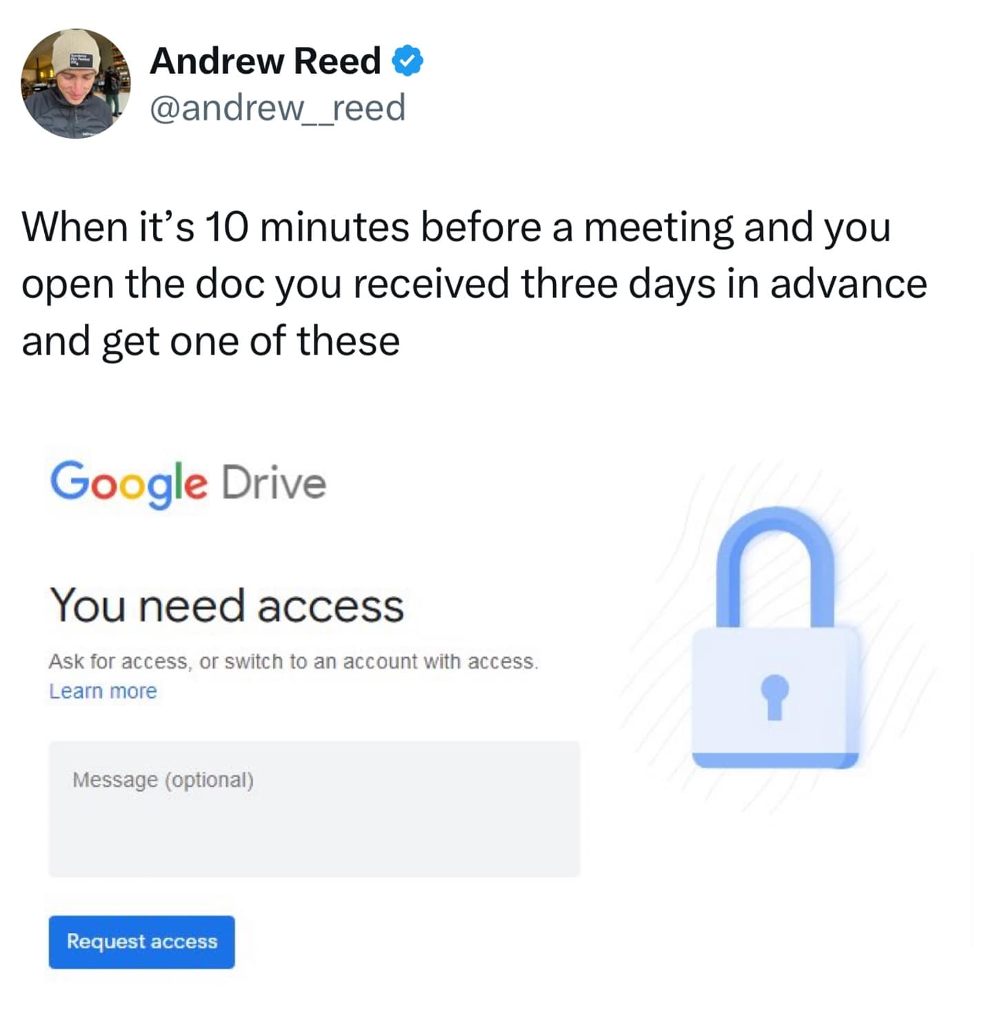 A relatable work meme about needing access to a Google Doc right before a very important meeting.