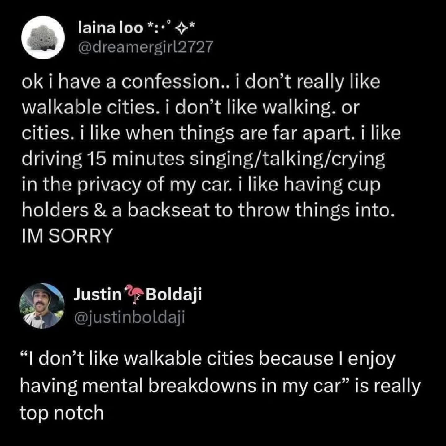 Tweet about preferring driving over walkable cities for privacy