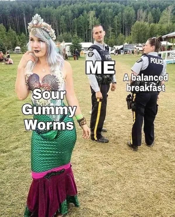 A funny meme using the distracted boyfriend format to show choosing sour gummy worms over a balanced breakfast.