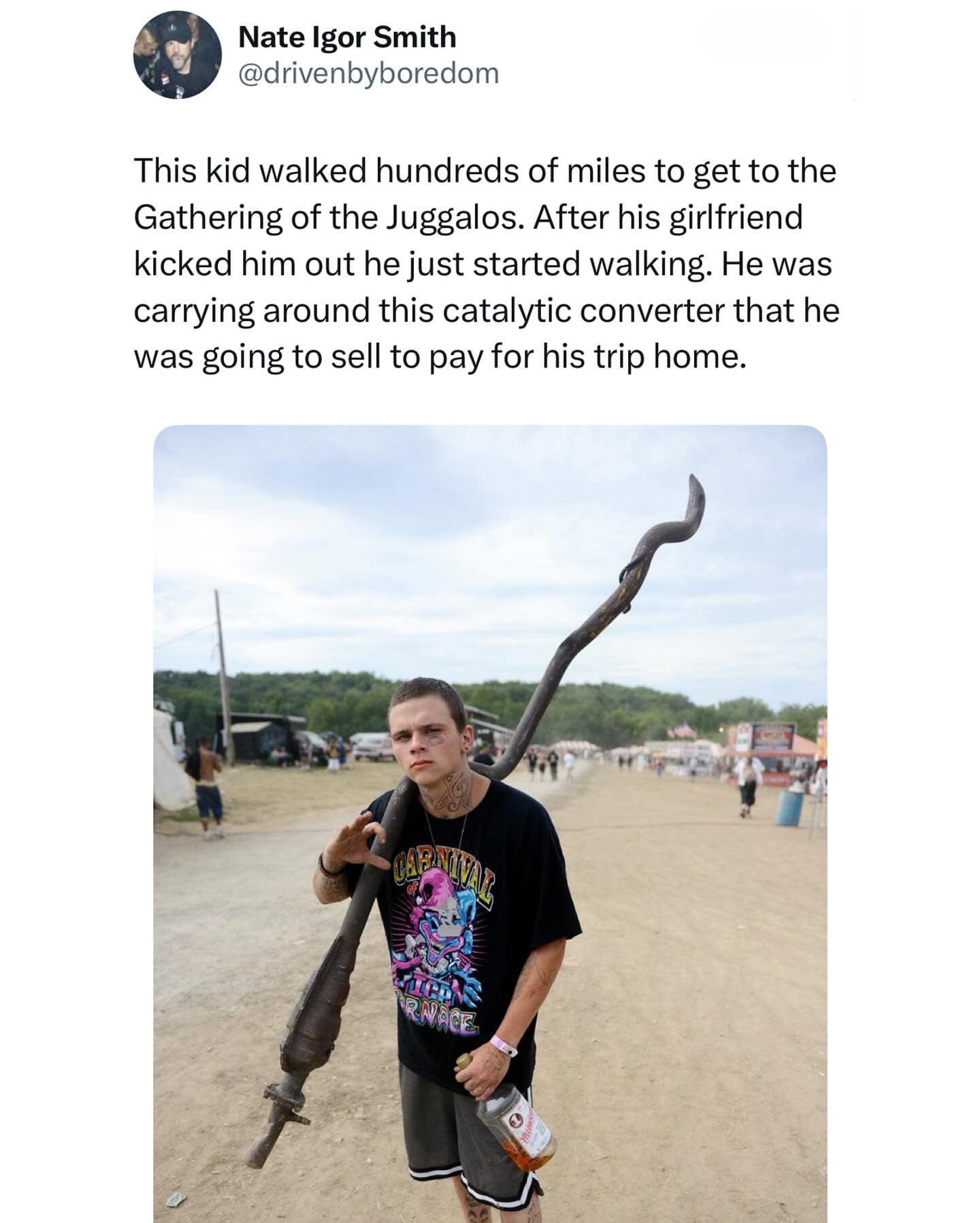 A funny meme sharing the legendary story of a Juggalo walking hundreds of miles carrying a catalytic converter.