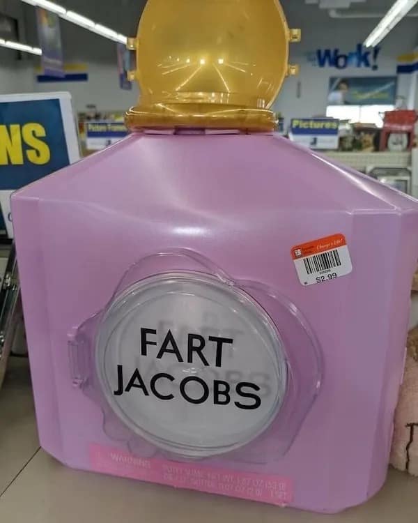A funny meme of a knock-off perfume bottle parodying Marc Jacobs, called "Fart Jacobs."