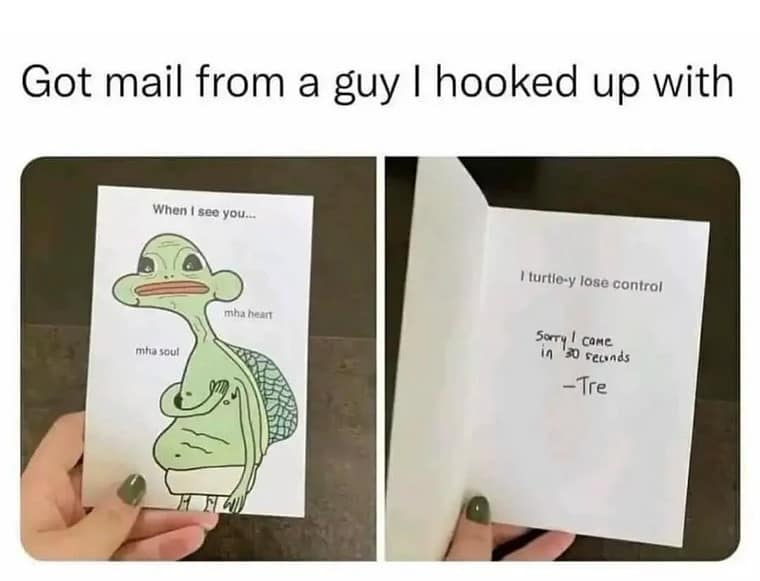 Funny handmade card from a hookup with a turtle drawing