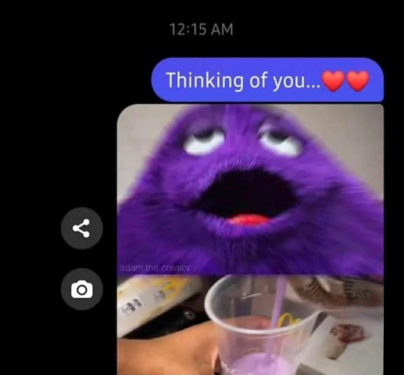 A funny meme about thinking of someone that features the McDonald's character Grimace.