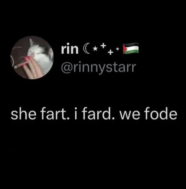 A funny meme of a chaotic, misspelled tweet that reads "she fart. i fard. we fode."