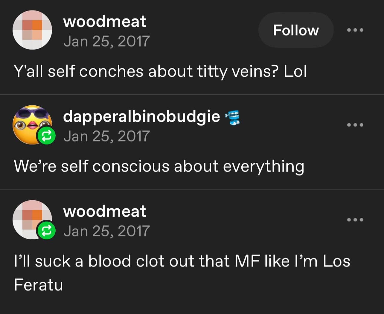 A weird Tumblr exchange with a wild punchline about sucking a blood clot like "Los Feratu."