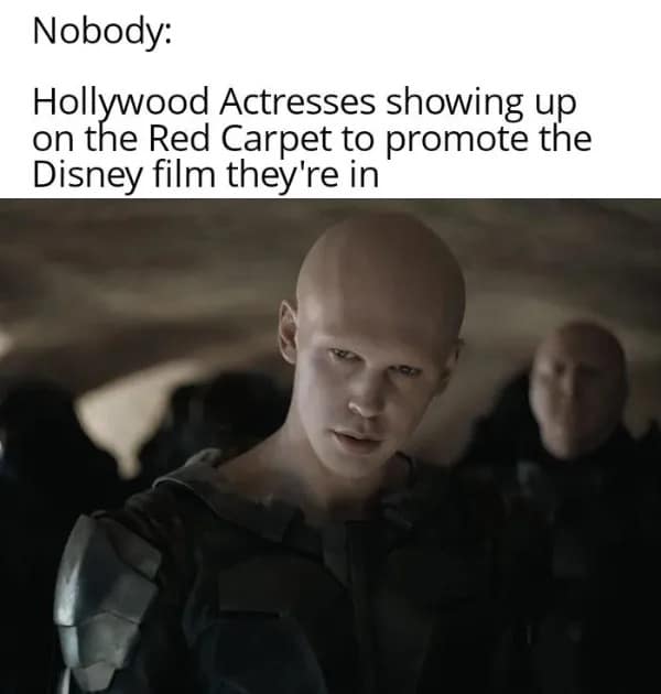A funny meme from the movie Dune that jokes about actresses promoting Disney films on the red carpet.