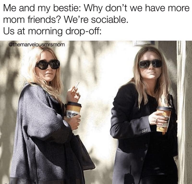 A funny motherhood meme using the Olsen twins to show moms looking unapproachable at school drop-off.
