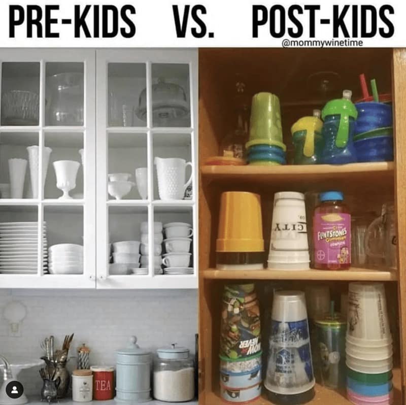A funny motherhood meme comparing neat kitchen cabinets pre-kids to chaotic plastic cup cabinets post-kids.