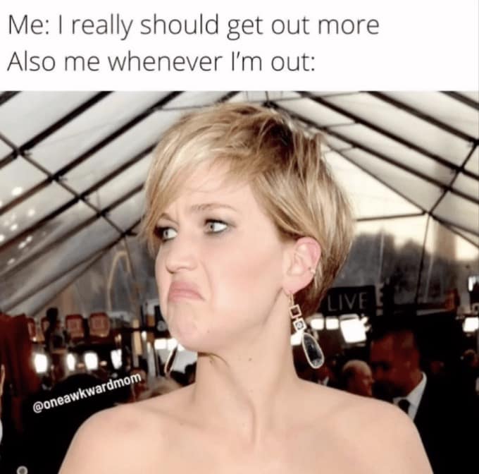 A funny motherhood meme using Jennifer Lawrence's face to show the regret of going out.