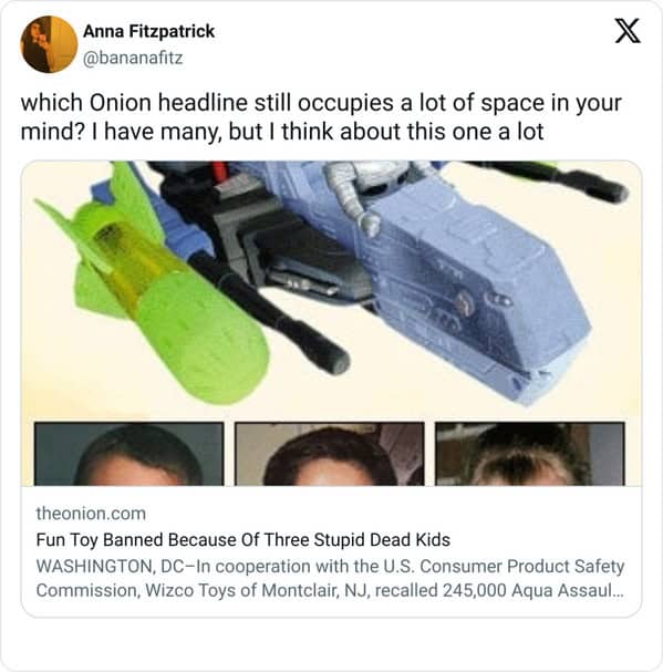 funny Onion headlines tweet recalling toy banned because of three stupid kids