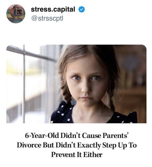 funny Onion headlines card blaming child for not preventing parents’ divorce