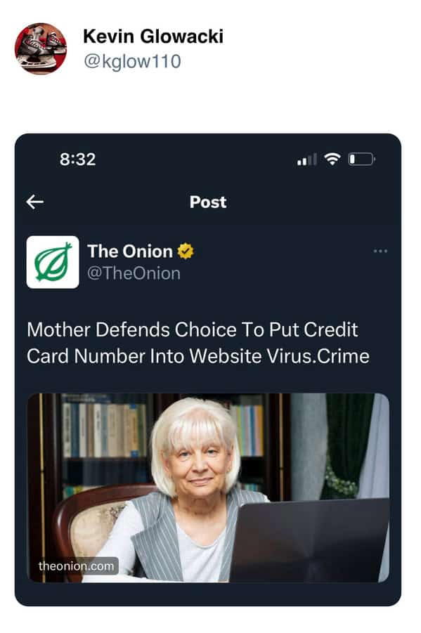 funny Onion headlines post about mother defending entering card on virus site