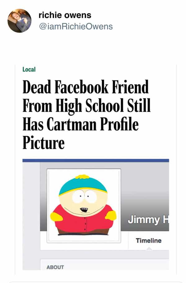 funny Onion headlines story about deceased classmate still using Cartman profile picture
