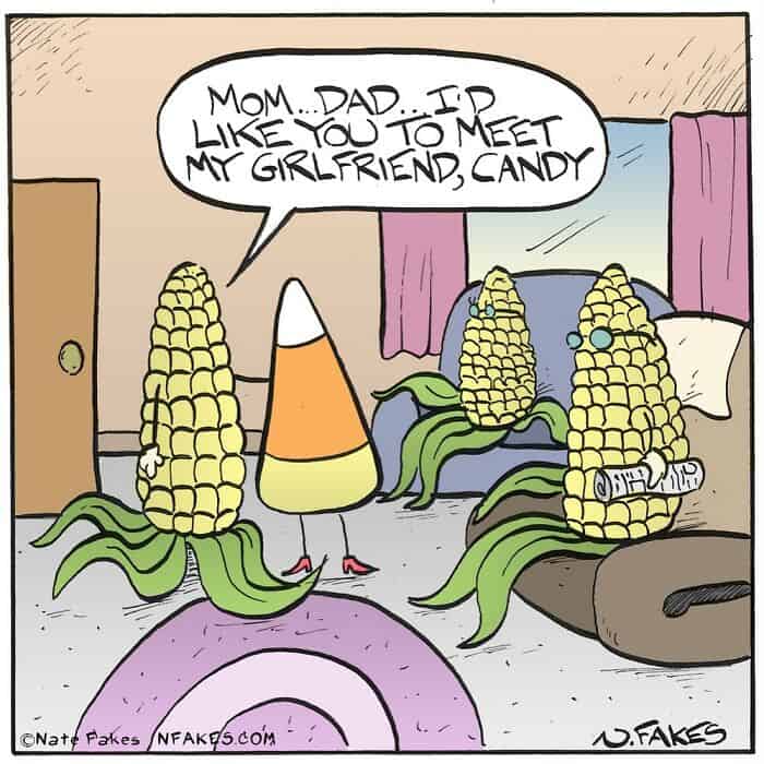 Anthropomorphic candy corn meeting cartoon corn parents in funny online webcomics style