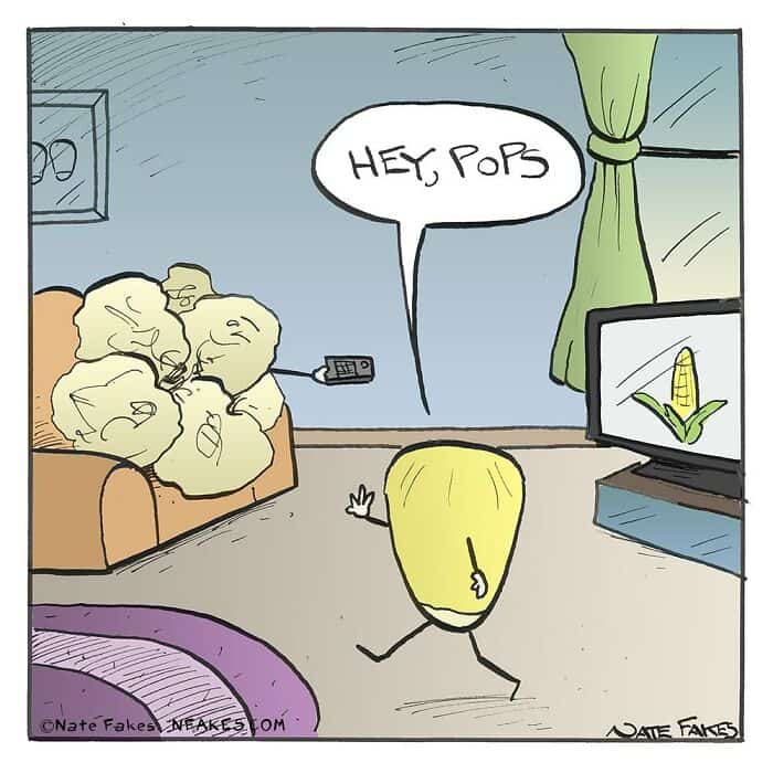 Cartoon popcorn greets corn on TV in funny online webcomics artwork