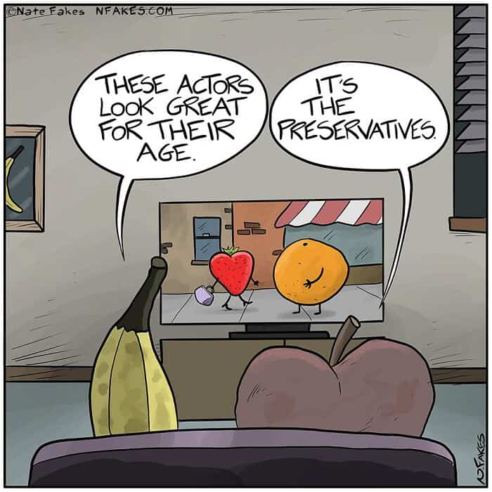 Cartoon banana and apple discuss fruit actors in funny online webcomics style