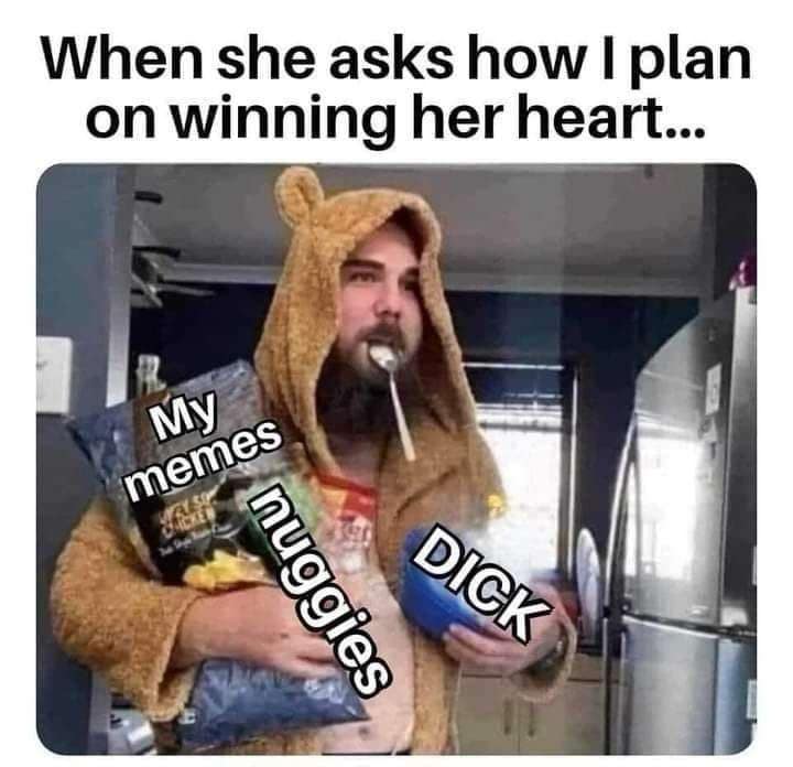 Man in bear suit offering memes, nuggies, and other gifts