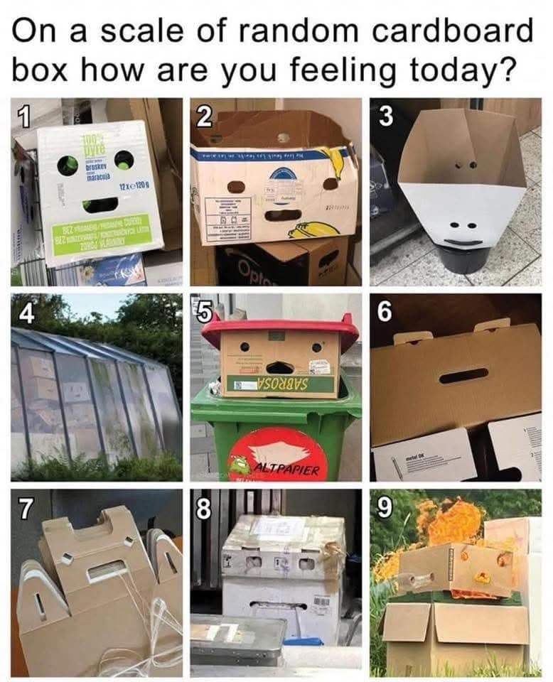 Cardboard box faces meme expressing mood scale
